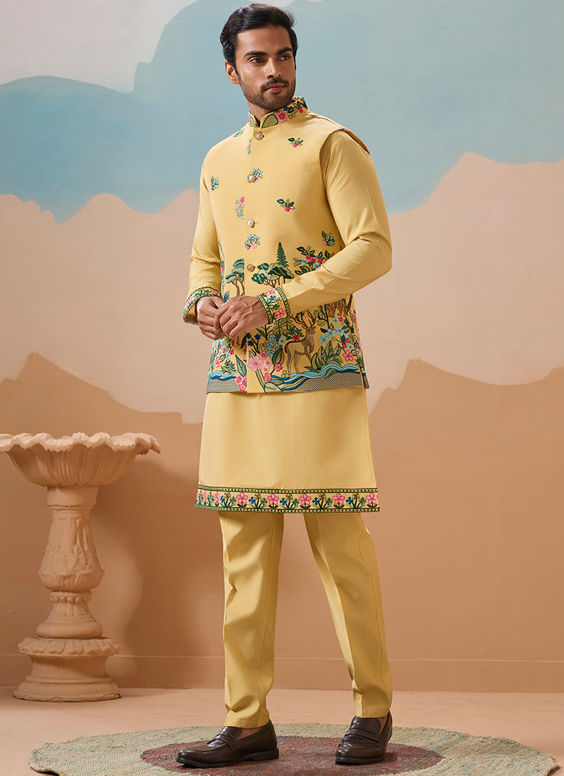 Viscose Silk Yellow Festival Wear Sequins Embroidery Work Readymade Modi Jacket Kurta Pajama 388290