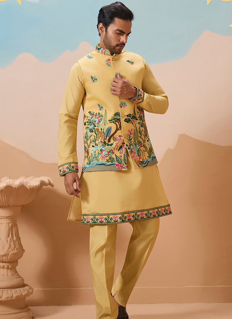 Viscose Silk Yellow Festival Wear Sequins Embroidery Work Readymade Modi Jacket Kurta Pajama 388290