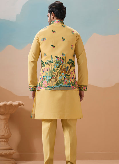 Viscose Silk Yellow Festival Wear Sequins Embroidery Work Readymade Modi Jacket Kurta Pajama 388290