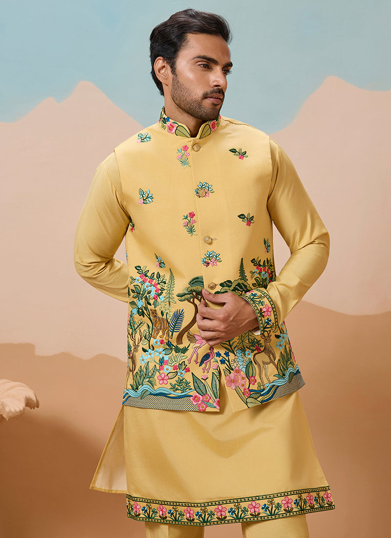 Viscose Silk Yellow Festival Wear Sequins Embroidery Work Readymade Modi Jacket Kurta Pajama 388290