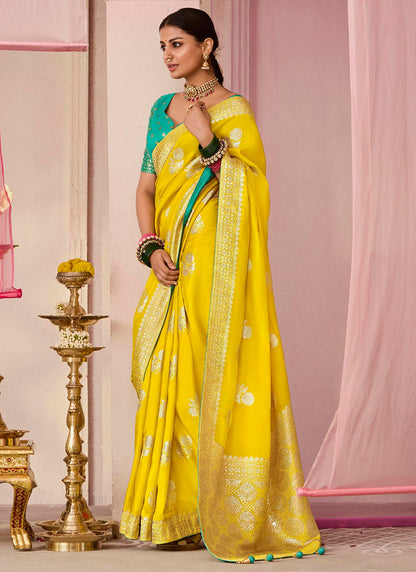 Yellow Viscose Silk Embroidery Work Occasional Wear Saree SW670550