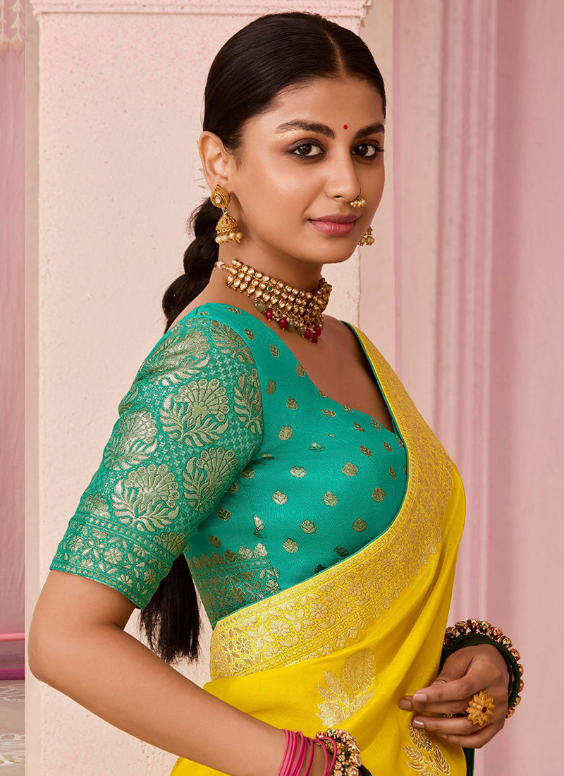 Yellow Viscose Silk Embroidery Work Occasional Wear Saree SW670550