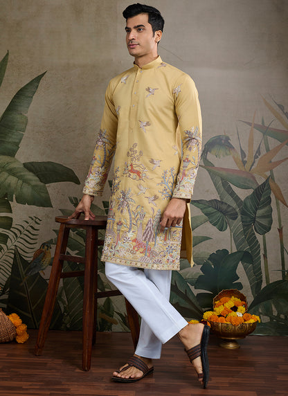 Viscose Silk Golden Yellow Occasion Wear Stylish Thread Work Kurta