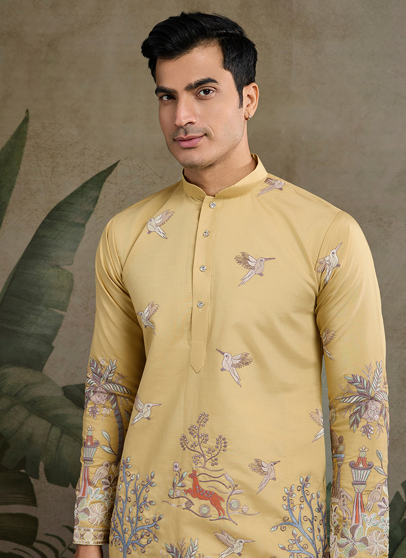 Viscose Silk Golden Yellow Occasion Wear Stylish Thread Work Kurta