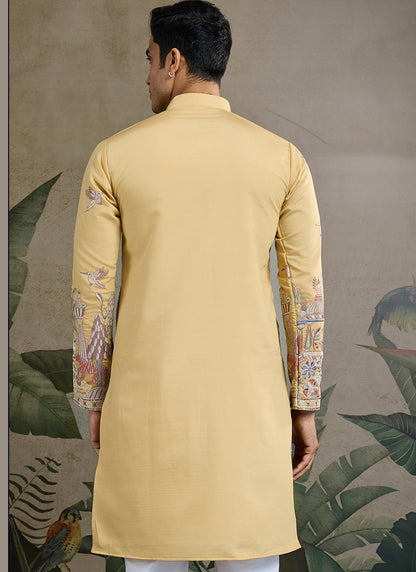 Viscose Silk Golden Yellow Occasion Wear Stylish Thread Work Kurta