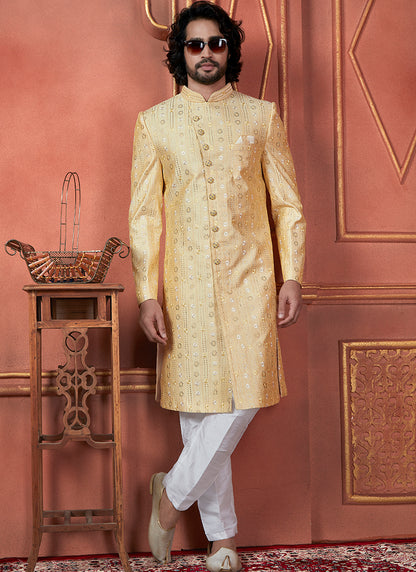 Silk Yellow Wedding Wear Computer Thread Readymade Sherwani Set 348360