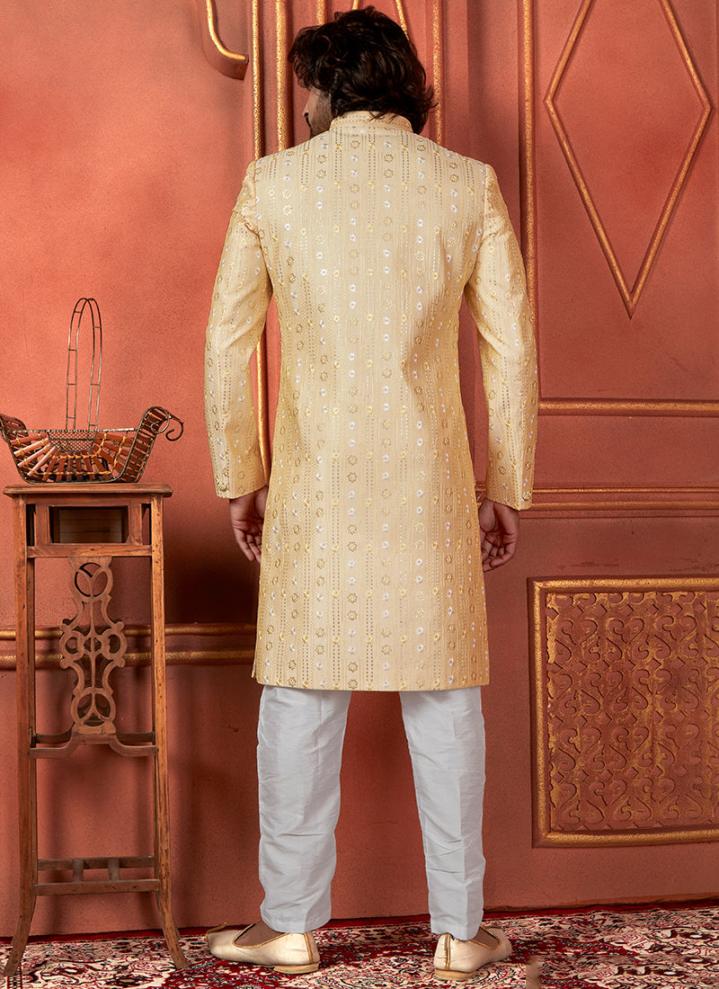 Silk Yellow Wedding Wear Computer Thread Readymade Sherwani Set 348360