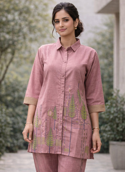 Pink Linen Cotton Thread Work Daily Wear Readymade Cord Set SW893095
