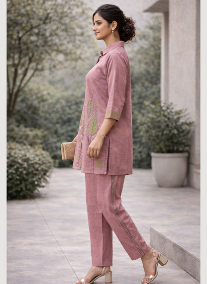 Pink Linen Cotton Thread Work Daily Wear Readymade Cord Set SW893095