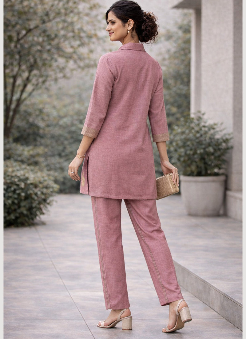 Pink Linen Cotton Thread Work Daily Wear Readymade Cord Set SW893095
