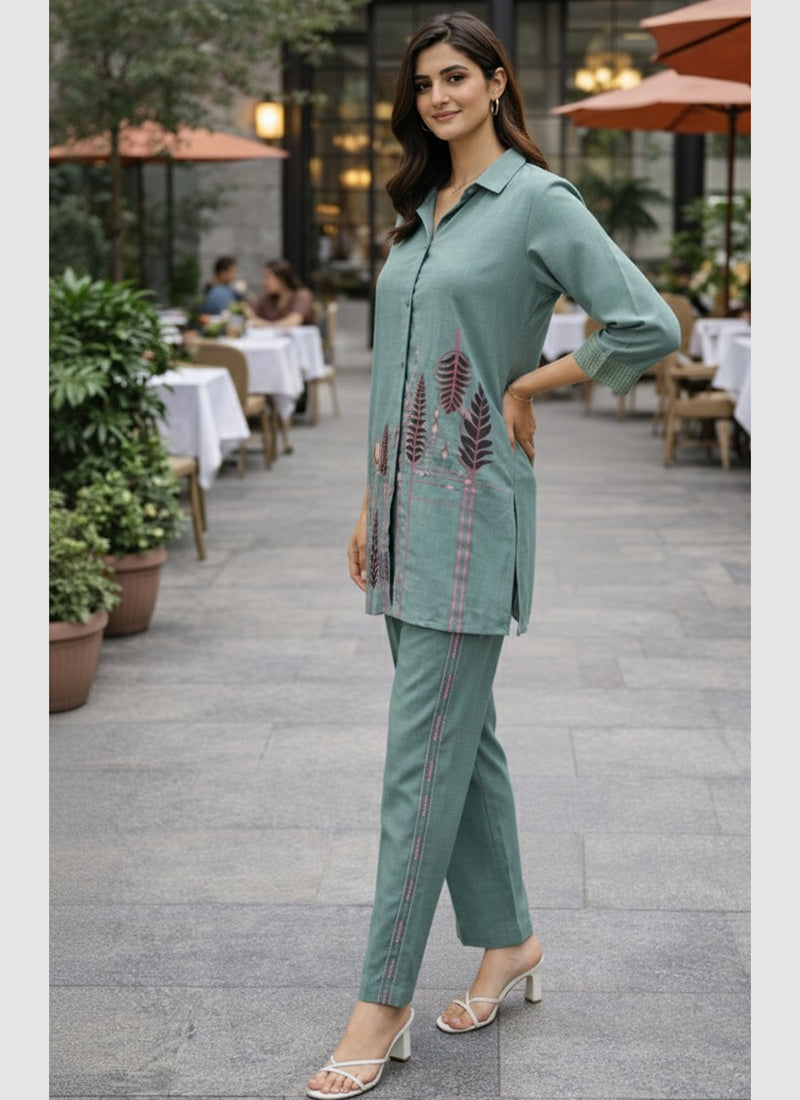 Teal Green Linen Cotton Thread Work Daily Wear Readymade Cord Set SW254421