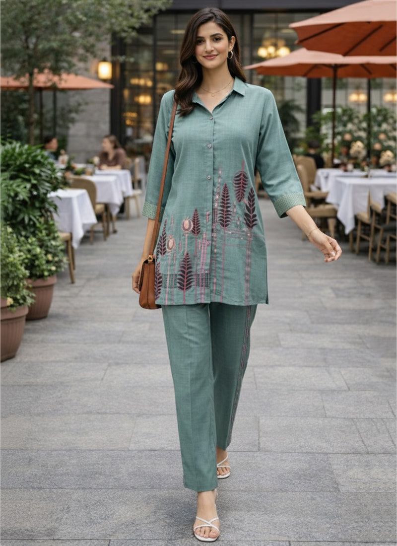 Teal Green Linen Cotton Thread Work Daily Wear Readymade Cord Set SW254421