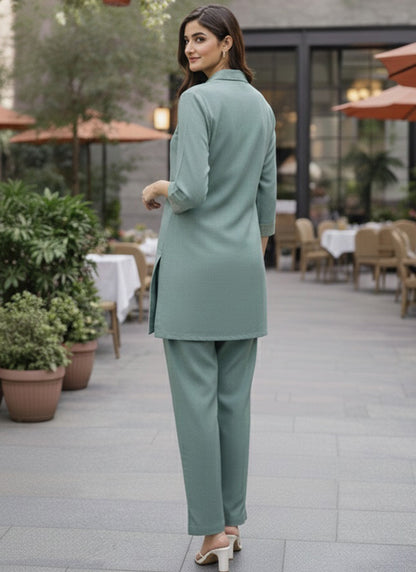 Teal Green Linen Cotton Thread Work Daily Wear Readymade Cord Set SW254421