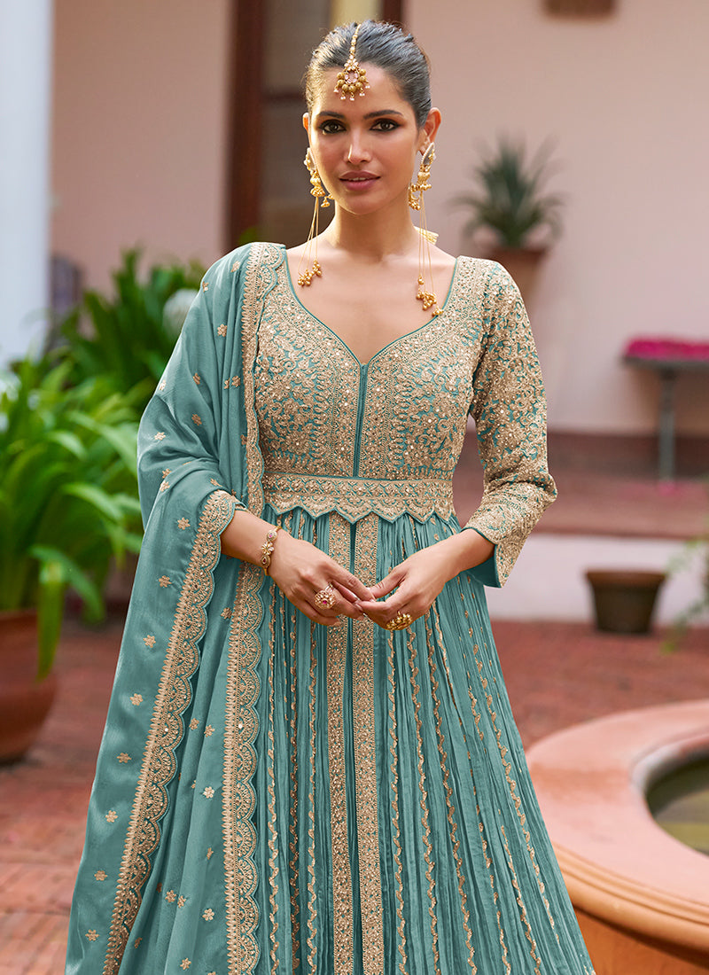 Chinon Teal Green Party Wear Embroidery Work Readymade Anarkali Suit 386197