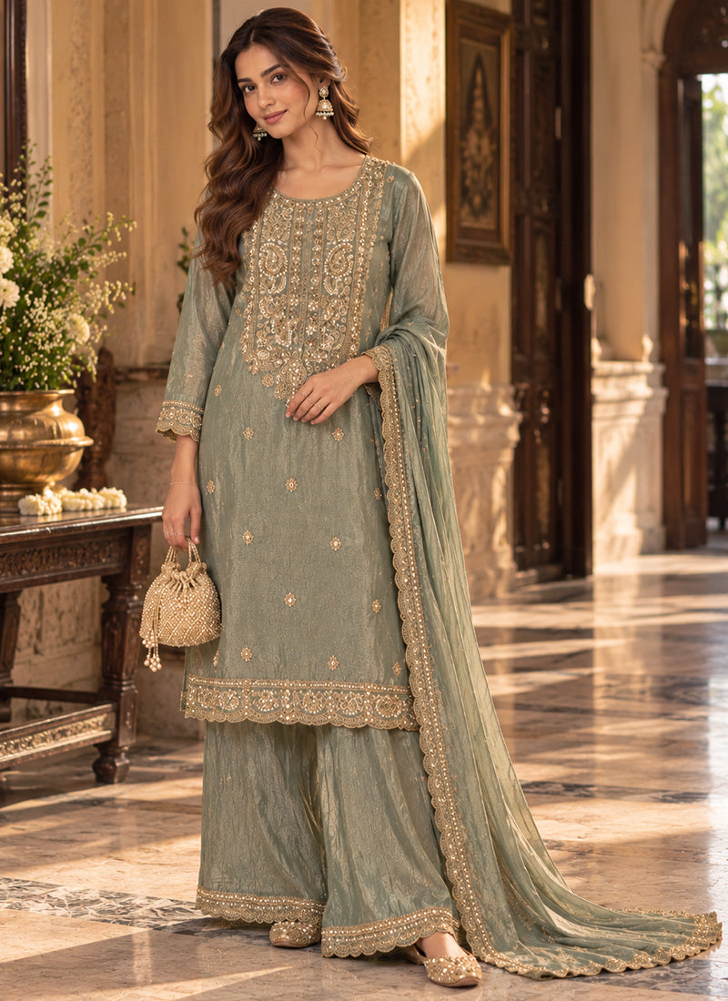 Readymade Sage Green Heavy Embroidered Short Kurta Sharara Set with Scalloped Dupatta D7718