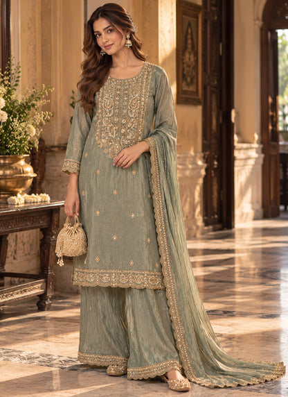 Readymade Sage Green Heavy Embroidered Short Kurta Sharara Set with Scalloped Dupatta D7718