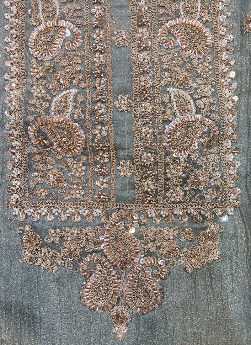 Readymade Sage Green Heavy Embroidered Short Kurta Sharara Set with Scalloped Dupatta D7718