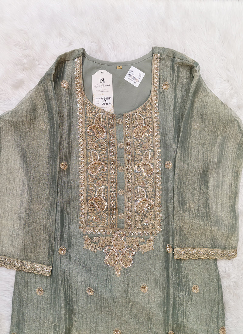 Readymade Sage Green Heavy Embroidered Short Kurta Sharara Set with Scalloped Dupatta D7718
