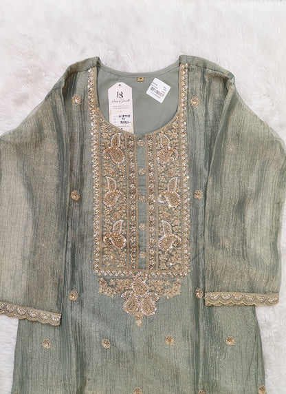Readymade Sage Green Heavy Embroidered Short Kurta Sharara Set with Scalloped Dupatta D7718