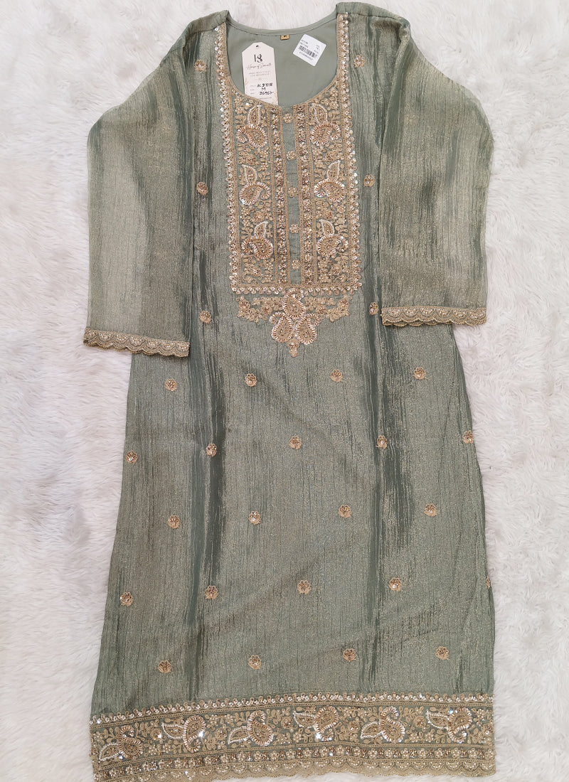 Readymade Sage Green Heavy Embroidered Short Kurta Sharara Set with Scalloped Dupatta D7718