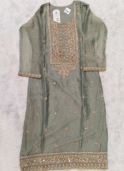 Readymade Sage Green Heavy Embroidered Short Kurta Sharara Set with Scalloped Dupatta D7718