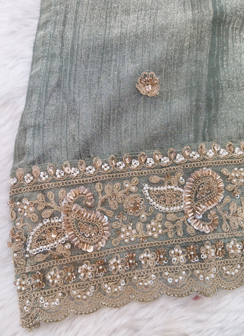 Readymade Sage Green Heavy Embroidered Short Kurta Sharara Set with Scalloped Dupatta D7718