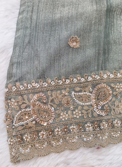 Readymade Sage Green Heavy Embroidered Short Kurta Sharara Set with Scalloped Dupatta D7718