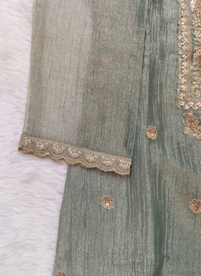 Readymade Sage Green Heavy Embroidered Short Kurta Sharara Set with Scalloped Dupatta D7718
