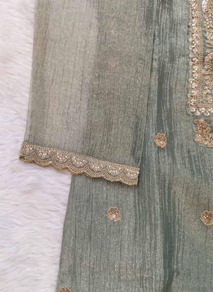 Readymade Sage Green Heavy Embroidered Short Kurta Sharara Set with Scalloped Dupatta D7718
