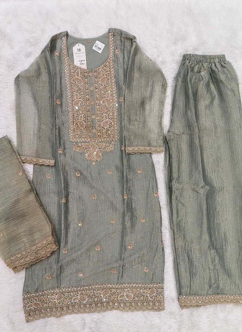 Readymade Sage Green Heavy Embroidered Short Kurta Sharara Set with Scalloped Dupatta D7718