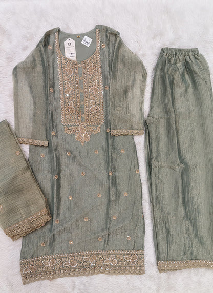 Readymade Sage Green Heavy Embroidered Short Kurta Sharara Set with Scalloped Dupatta D7718