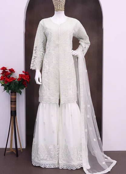 Heavy Net White Festival Wear Sequins Work Readymade Plazzo Suit 385525