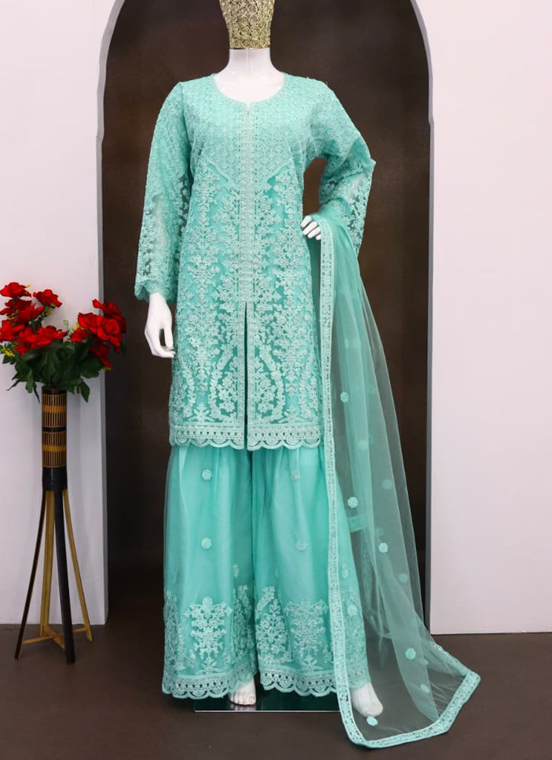 Heavy Net Sky Blue Festival Wear Sequins Work Readymade Plazzo Suit 385522