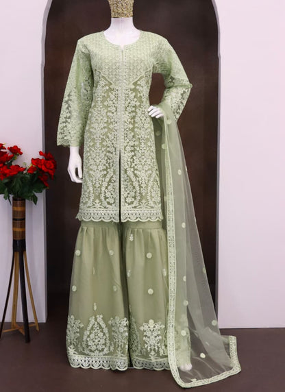 Heavy Net Green Festival Wear Sequins Work Readymade Plazzo Suit 385524