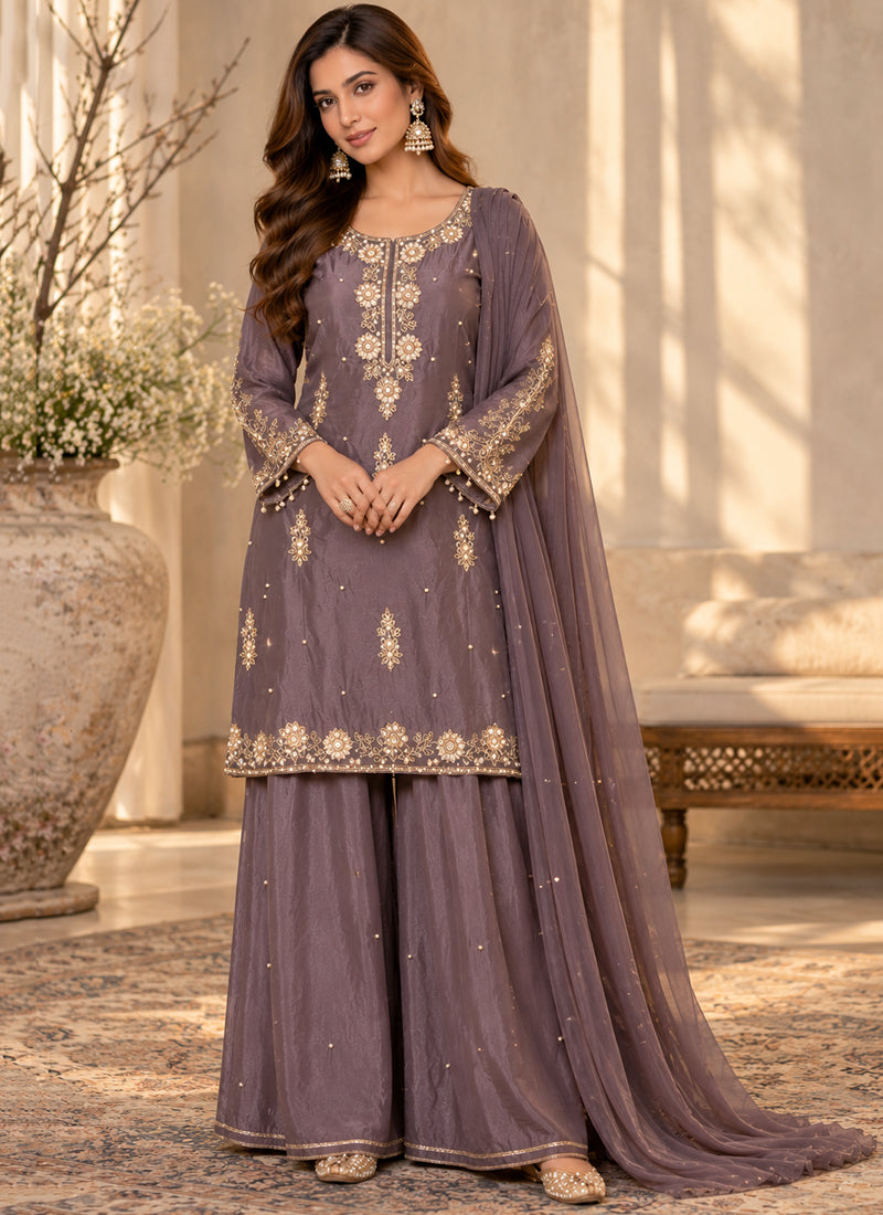 Readymade Lilac Floral Embroidered Short Kurta Sharara Set with Dupatta 278129