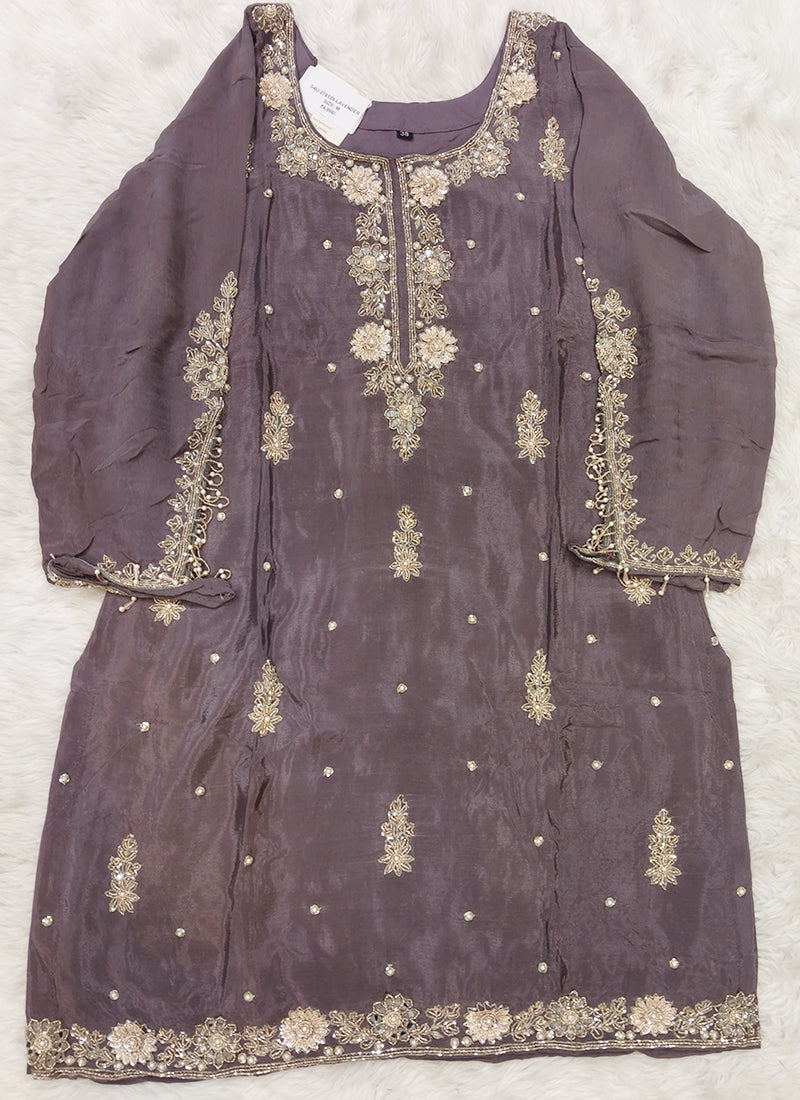 Readymade Lilac Floral Embroidered Short Kurta Sharara Set with Dupatta 278129