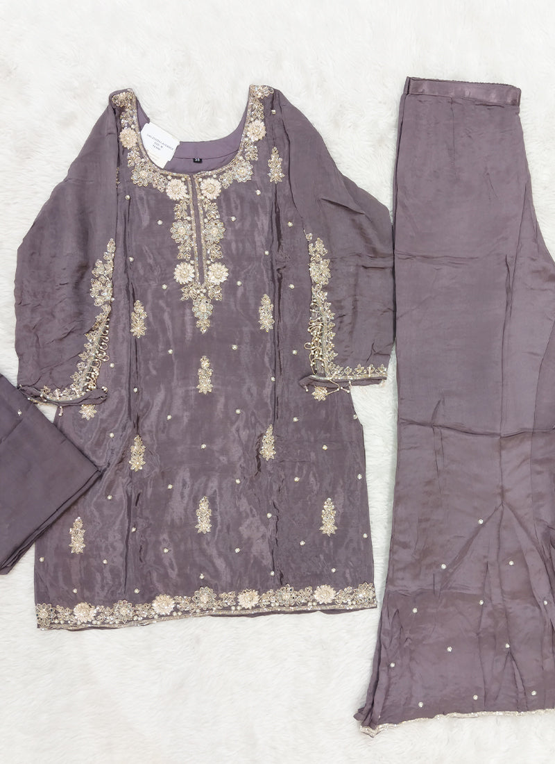 Readymade Lilac Floral Embroidered Short Kurta Sharara Set with Dupatta 278129