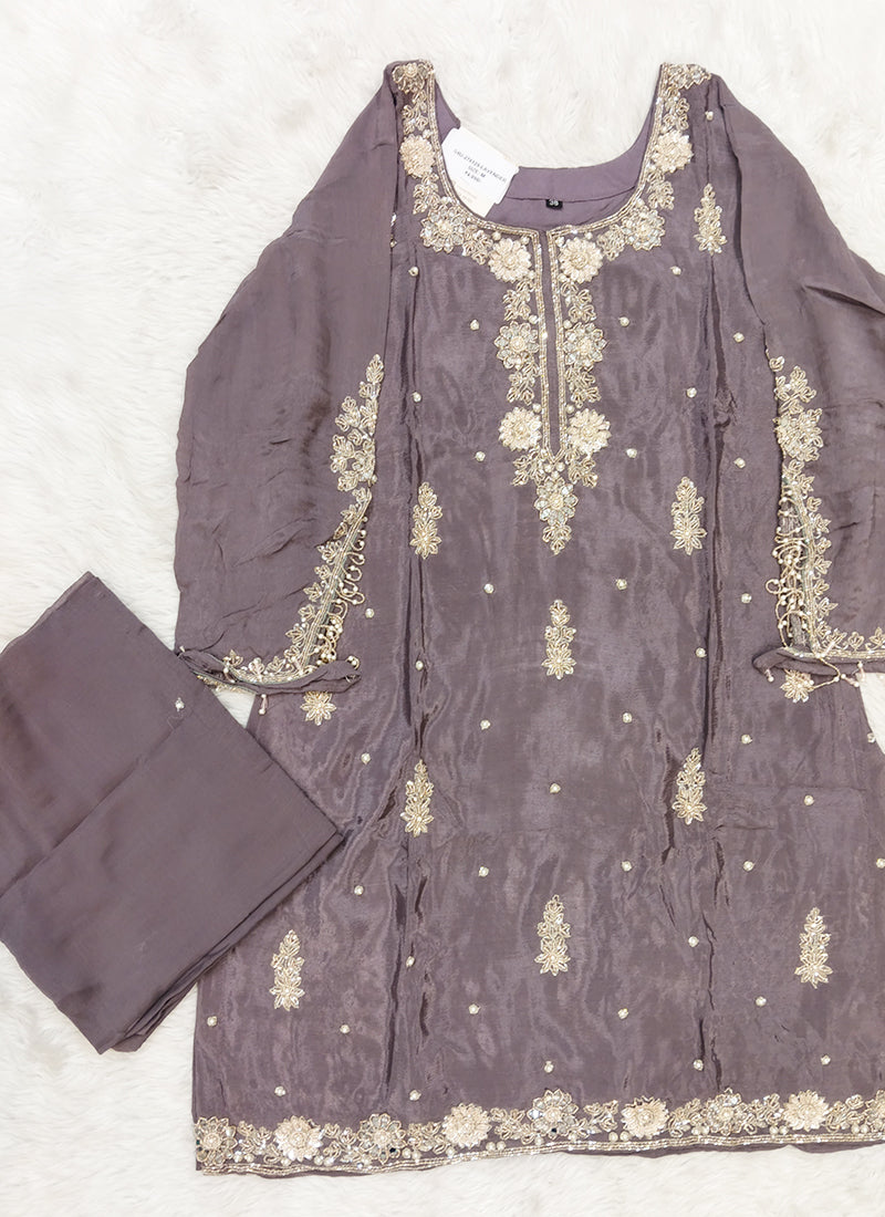 Readymade Lilac Floral Embroidered Short Kurta Sharara Set with Dupatta 278129