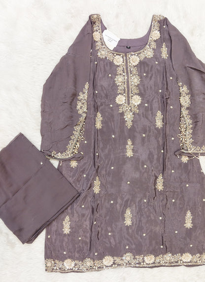 Readymade Lilac Floral Embroidered Short Kurta Sharara Set with Dupatta 278129