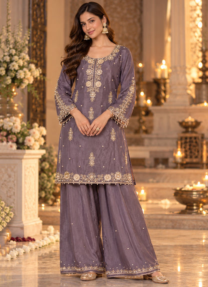 Readymade Lilac Floral Embroidered Short Kurta Sharara Set with Dupatta 278129