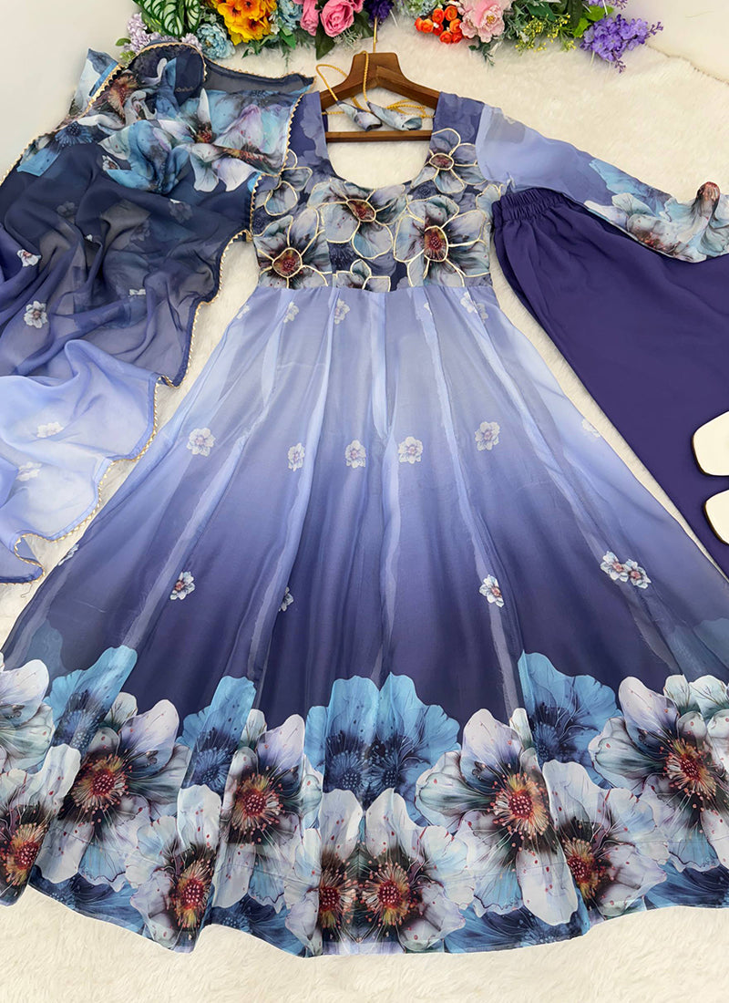 Organza Blue Festival Wear Digital Print Work Readymade Gown 384607