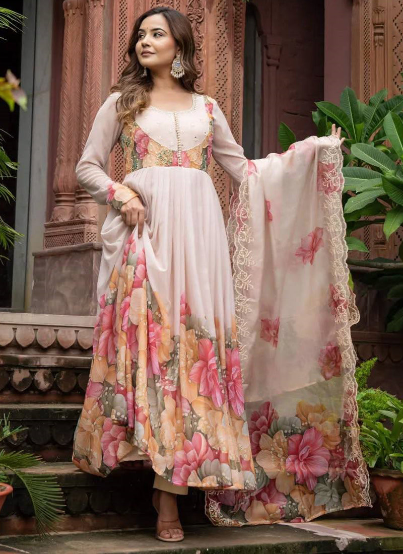 Faux Georgette Peach Festival Wear Hand Work Readymade Anarkali Suit 385328