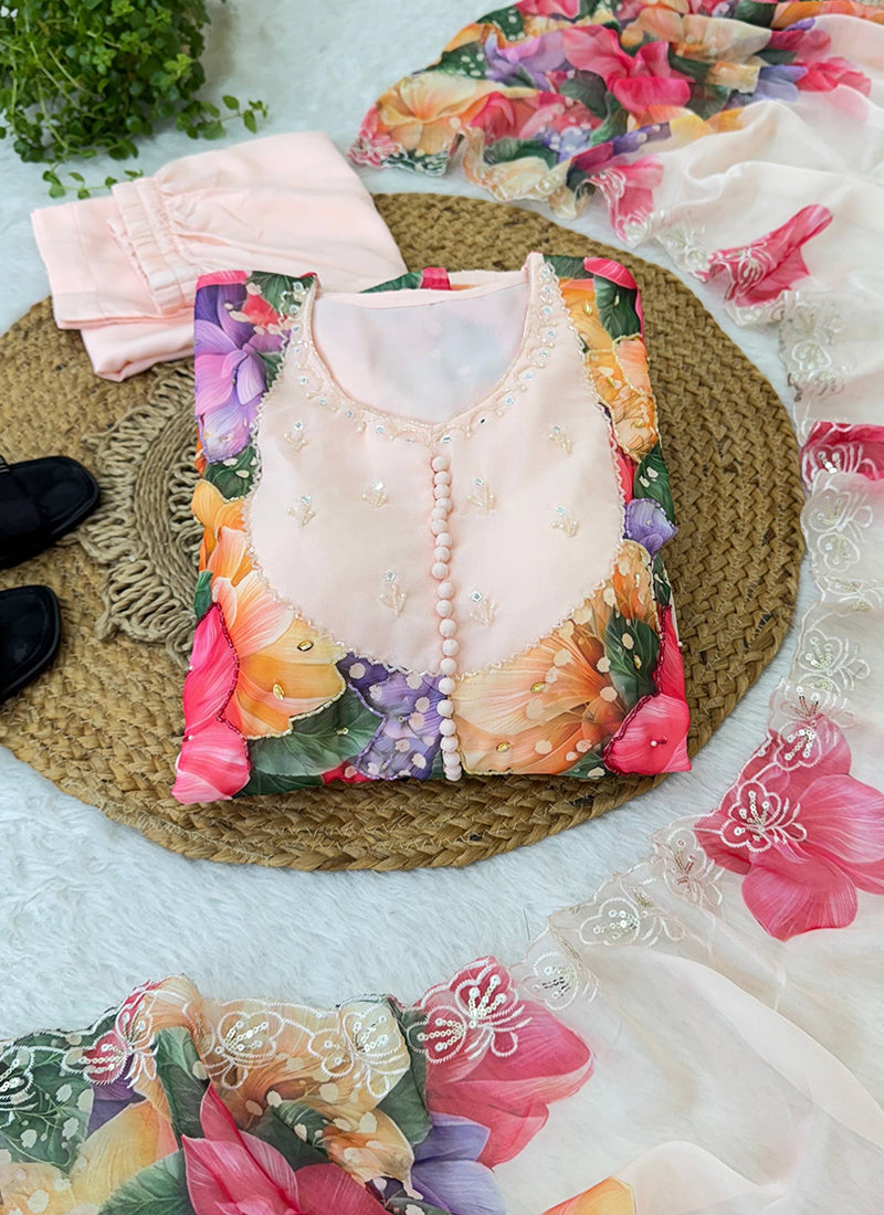 Faux Georgette Peach Festival Wear Hand Work Readymade Anarkali Suit 385328