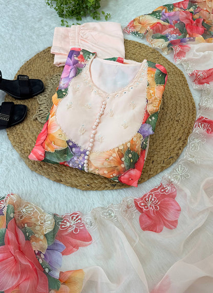 Faux Georgette Peach Festival Wear Hand Work Readymade Anarkali Suit 385328