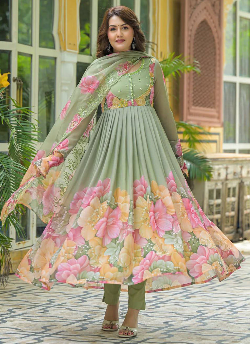 Faux Georgette Pista Festival Wear Hand Work Readymade Anarkali Suit 385329