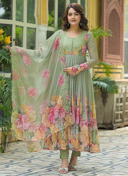 Faux Georgette Pista Festival Wear Hand Work Readymade Anarkali Suit 385329