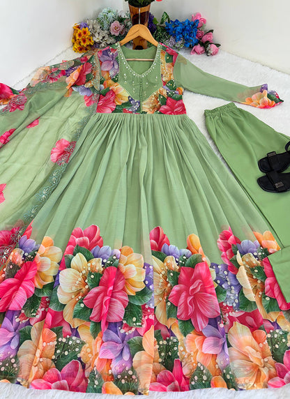 Faux Georgette Pista Festival Wear Hand Work Readymade Anarkali Suit 385329