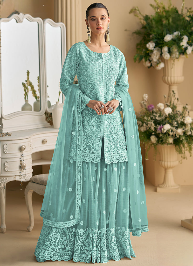 Heavy Net Sky Blue Festival Wear Sequins Work Readymade Plazzo Suit 385522