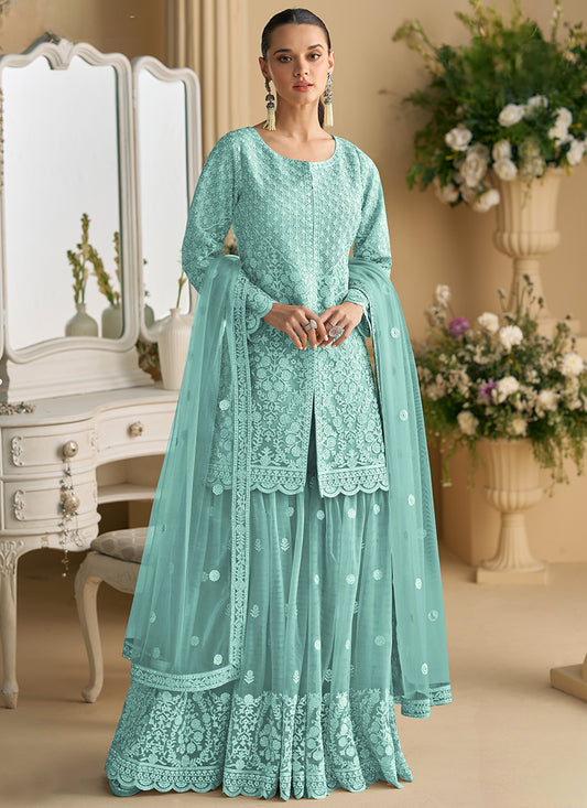 Heavy Net Sky Blue Festival Wear Sequins Work Readymade Plazzo Suit 385522