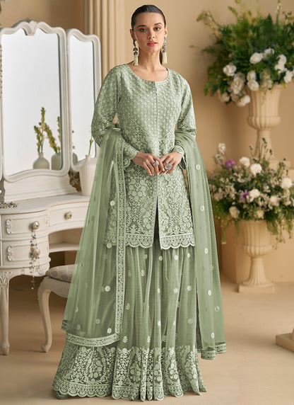 Heavy Net Green Festival Wear Sequins Work Readymade Plazzo Suit 385524